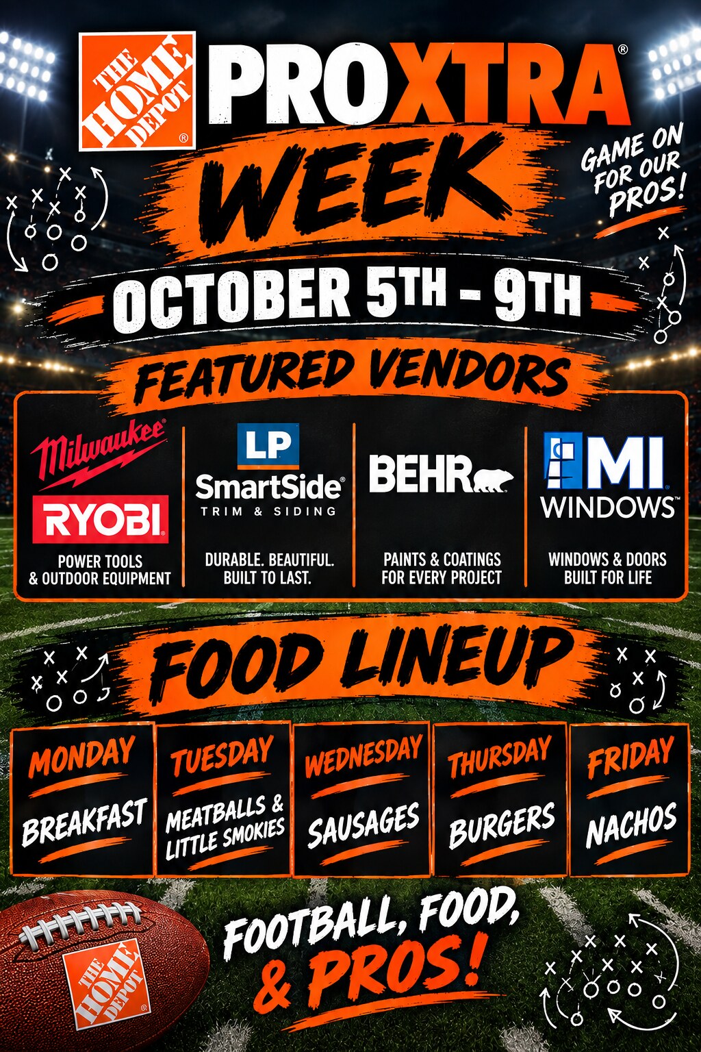 Orange and black football-themed flyer for Pro Xtra Week at The Home Depot, October 5 through 9, listing Milwaukee, Ryobi, LP SmartSide, Behr and MI Windows as featured vendors and a food lineup from breakfast Monday to nachos Friday