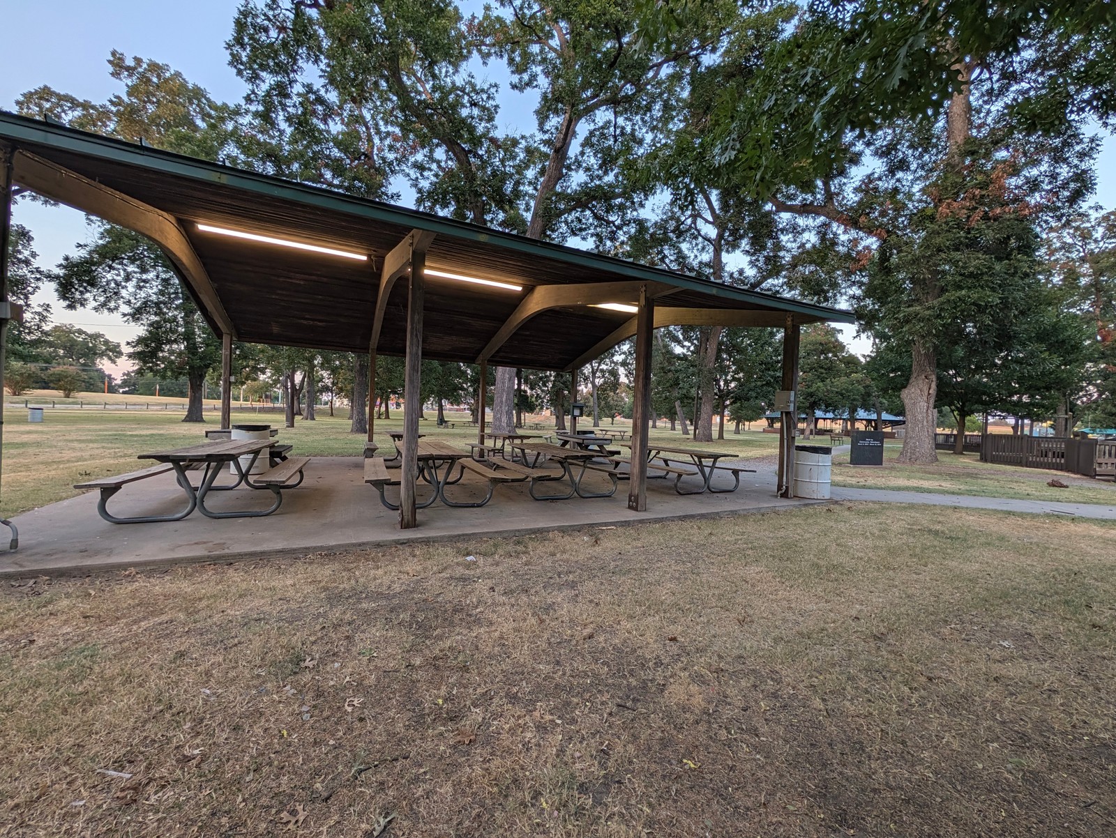 Covered pavilion with picnic tables at Leonard Park.