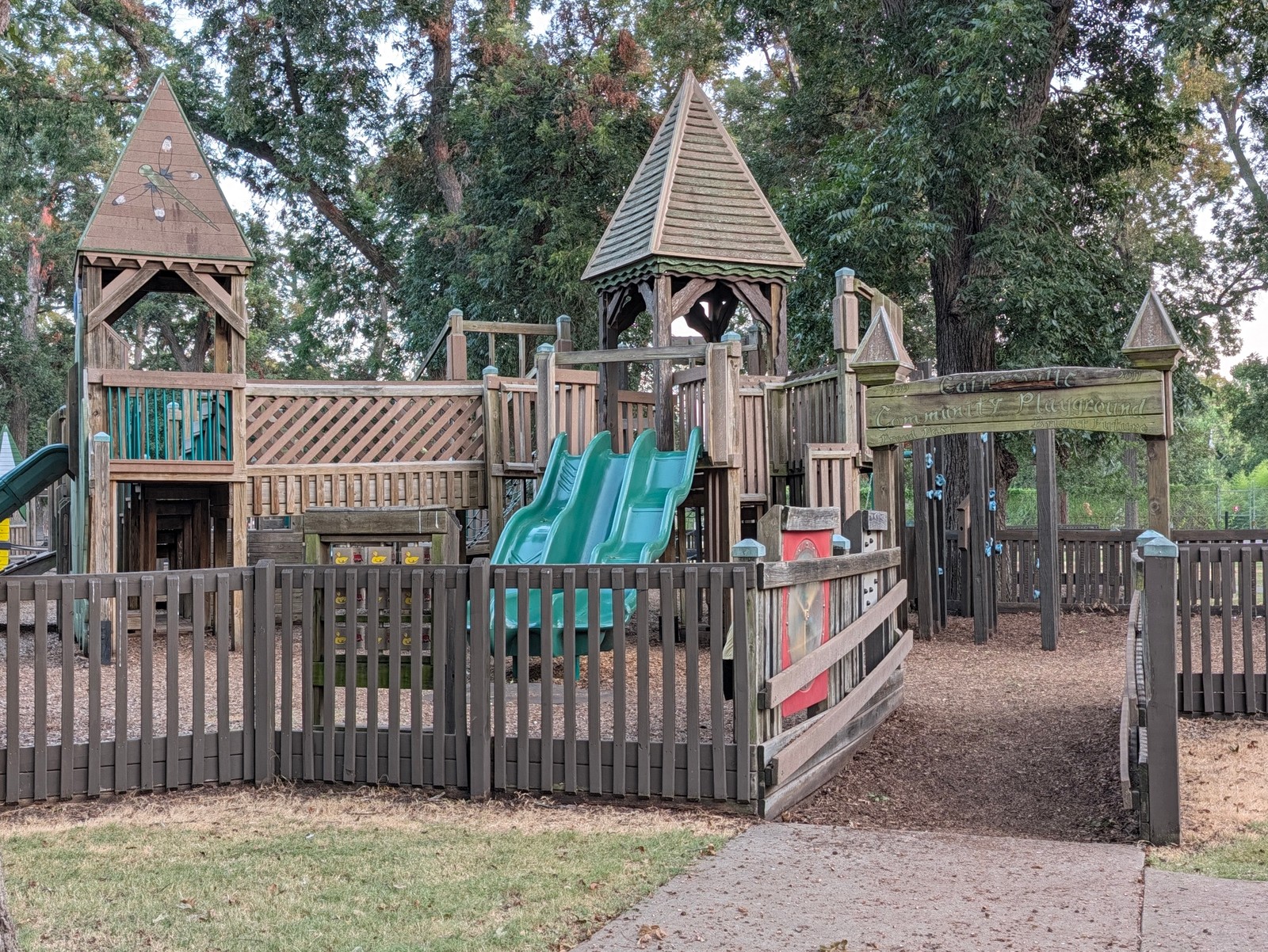 Towers and slides of the Leonard Park playground.
