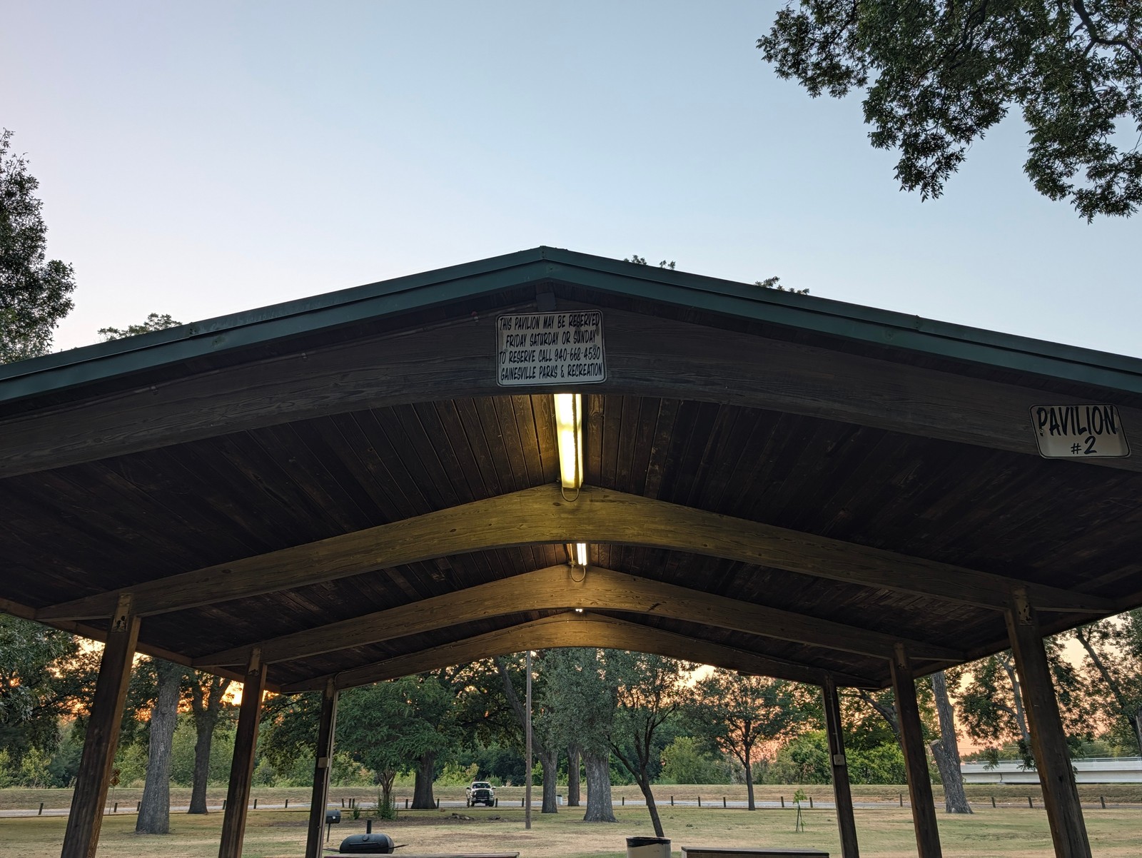 Looking up into the pavilion at Leonard Park at dusk.