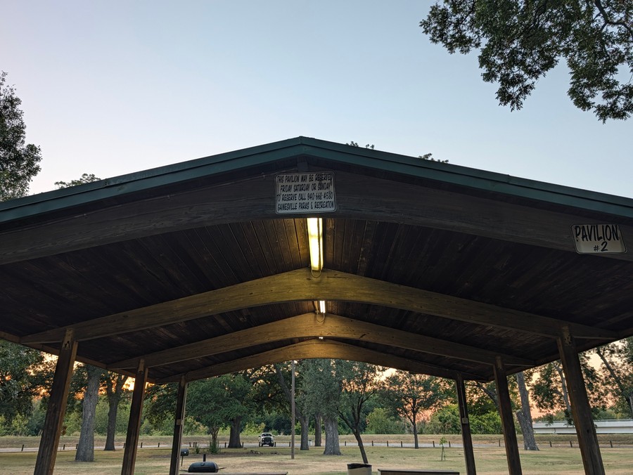 Looking up into the pavilion at Leonard Park at dusk.