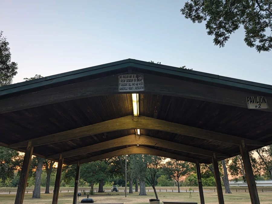 Looking up into the pavilion at Leonard Park at dusk.