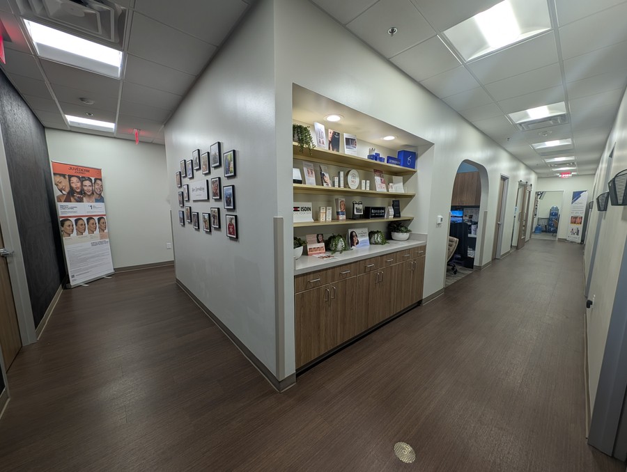 Front hallway and skincare display at Bare Dermatology.