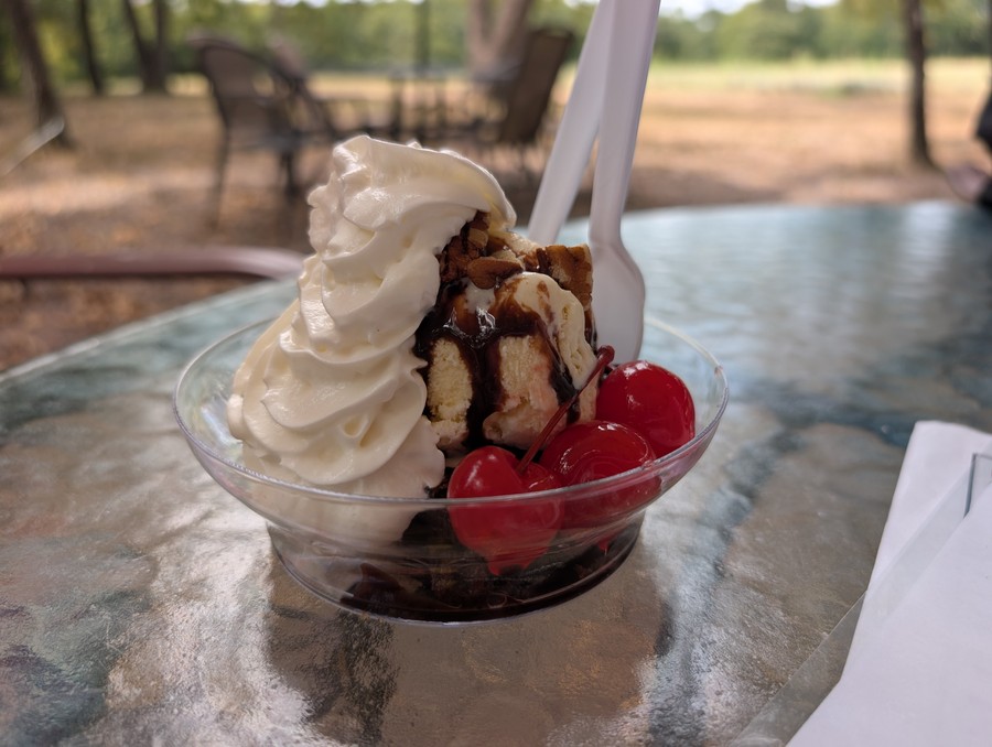 Ice cream sundae with cherries at Lavender Ridge Farms.