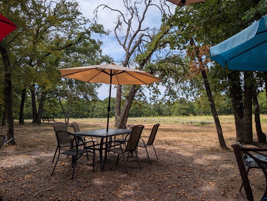 Umbrella tables under the trees at Lavender Ridge Farms.