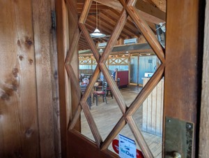 Looking into the dining room through the front door at Catfish Louie's.