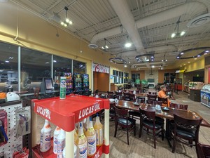 Tables and the food counters inside the 82 Travel Center.