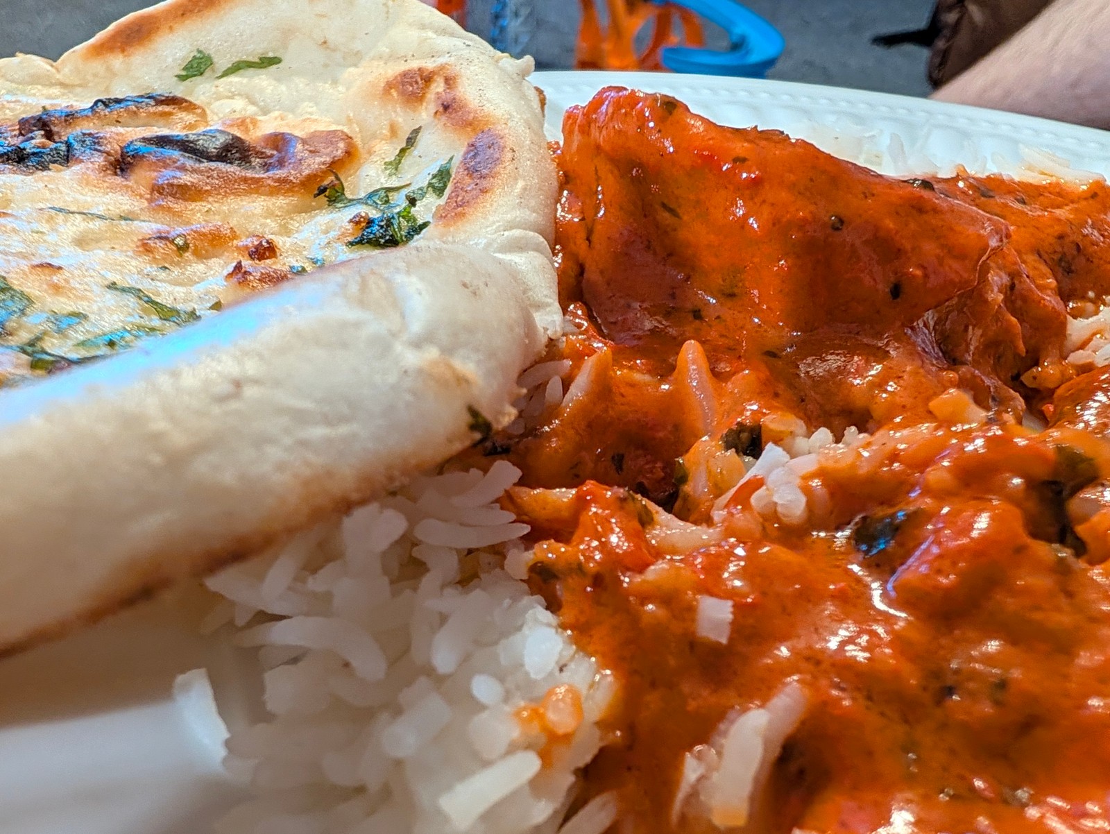 Close-up of the curry, rice and naan from Indian Dhaba.