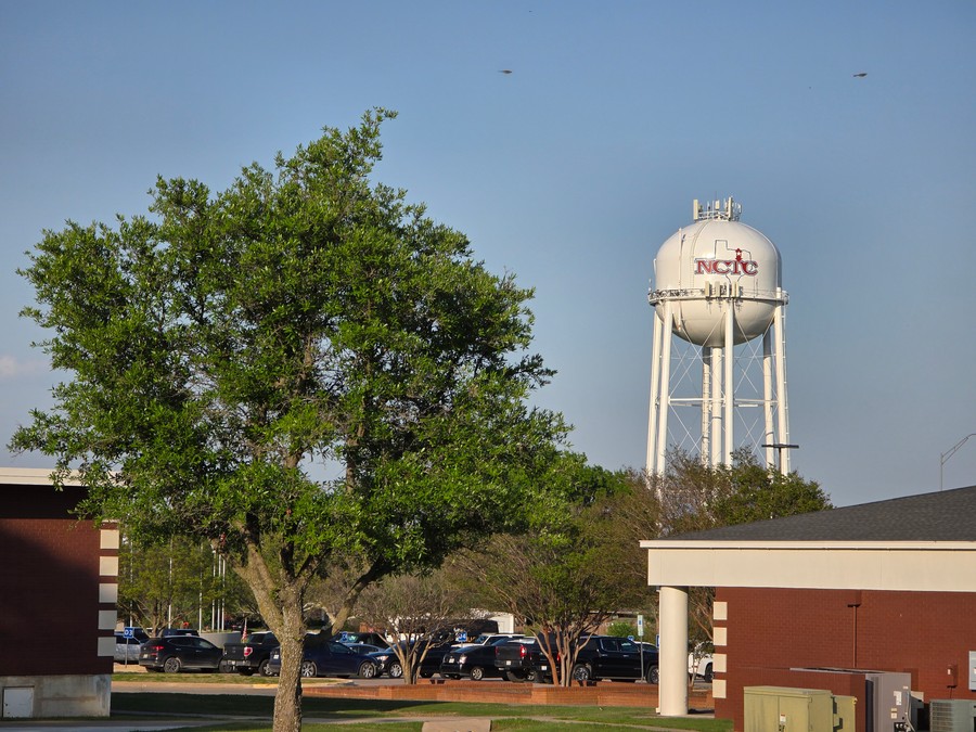 The North Central Texas College water tower over the Gainesville campus, April 2025.