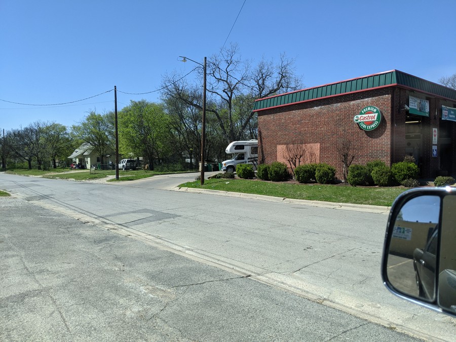 The brick Castrol Premium Lube Express building east of downtown, March 2021.