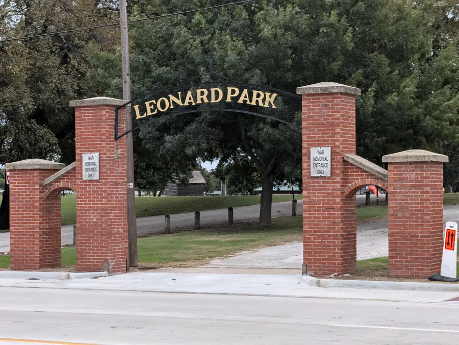 The brick-pillared Leonard Park entrance arch on West California Street.