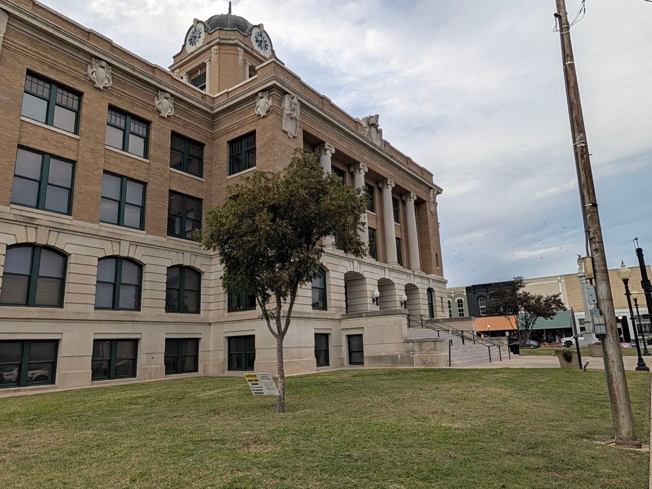 The Cooke County Courthouse and its clock tower over the downtown square.