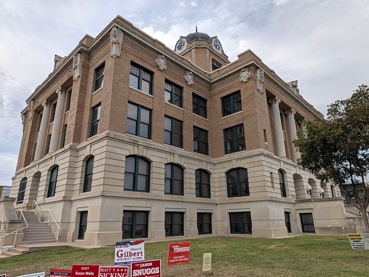 Columns, carved eagles and the clock tower on the Cooke County Courthouse.