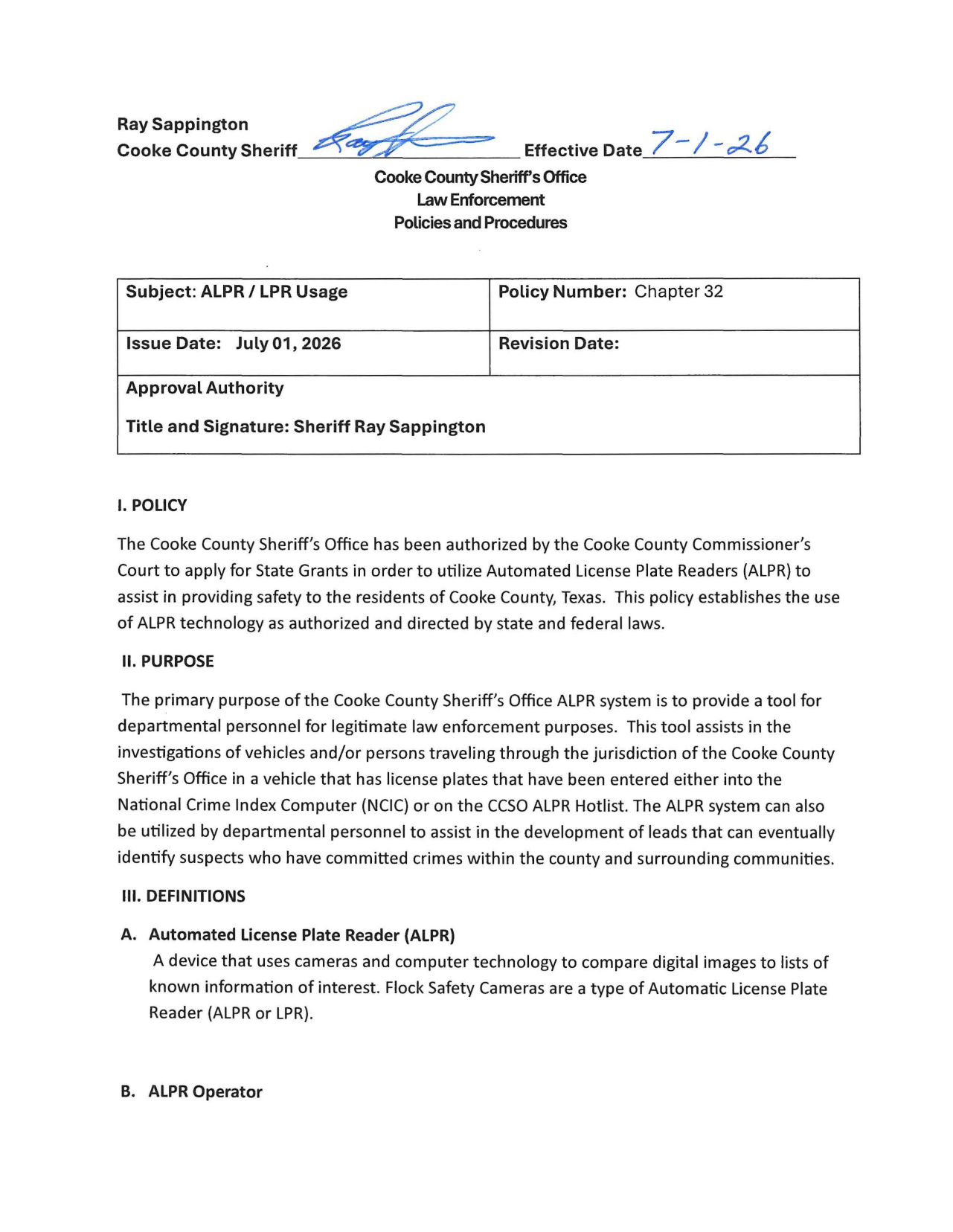 The ALPR use policy, Chapter 32, page 1
