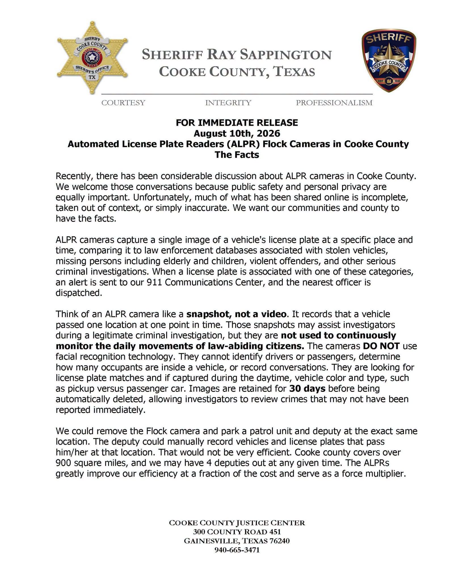 Page 1 of Sheriff Ray Sappington's Aug. 10, 2026 statement on ALPR Flock cameras in Cooke County