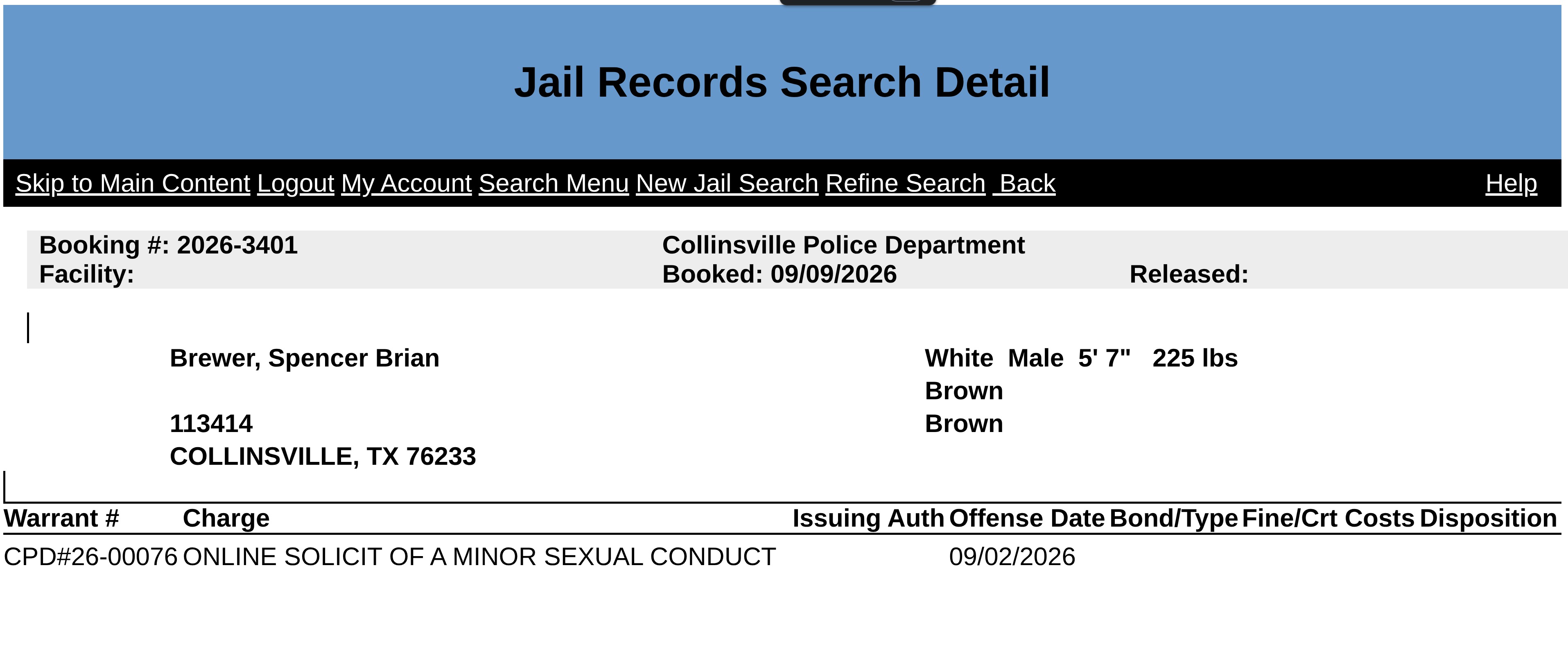 Grayson County jail records search detail showing booking 2026-3401 for Brewer, Spencer Brian, booked September 9, 2026 by the Collinsville Police Department on a charge of online solicit of a minor sexual conduct, offense date September 2, 2026.